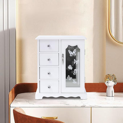Vintage Wood Jewelry Box with 4 Drawers, Desktop Jewelry Organizer with Glass Door & Mirror, Necklace Ring Storage Display Case Built-in Necklace Carousel (White, Butterfly, 4 Drawers)