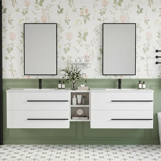 84 Inch Floating Double Sink Bathroom Vanity, Modern Bathroom Vanity with Double Sink, Wall Mounted Bathroom Vanity Cabinet with Large Storage Drawers,Open Storage Shelf, White