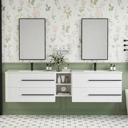 84 Inch Floating Double Sink Bathroom Vanity, Modern Bathroom Vanity with Double Sink, Wall Mounted Bathroom Vanity Cabinet with Large Storage Drawers,Open Storage Shelf, White