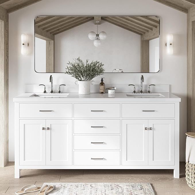 ARIEL Bristol 72-inch Bathroom Vanity with Sink,Solid Wood, 1.5-inch Pure White Quartz Countertop & Backsplash, Double Rectangular Porcelain Sink, 4 Soft Closing Doors, 4 Dovetail Drawers, White