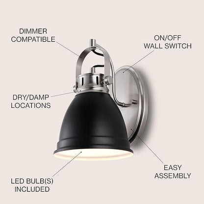 JONATHAN Y 7" Black/Nickel 1-Light LED Vanity Light, Adjustable Wall Sconce for Bathroom Mirror, Farmhouse Bohemian Kitchen Light, Iron Black Bell Shade JYL1114A