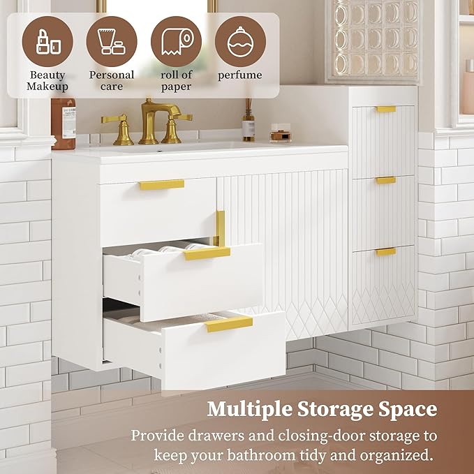 30 Inch Bathroom Vanity with Sink, Wall Mounted Bathroom Storage Cabinet with Soft Closing Door and 2 Drawers, Floating Bathroom Vanities with Decor Line