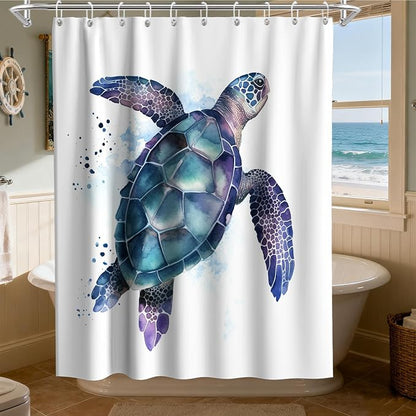 Funny Sea Turtle Shower Curtains Ocean Animal Cartoon Kids Theme Cloth Fabric Bathroom Decor Sets with Hooks Waterproof Washable 60W x 72H inches Teal Purple