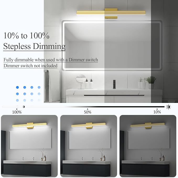 Ralbay 31.5inch Gold Vanity Light with 5 Color Temperature (2700K-6000K) Dimmable Acrylic Metal 30W LED Modern Matte Gold Bathroom Light Fixtures