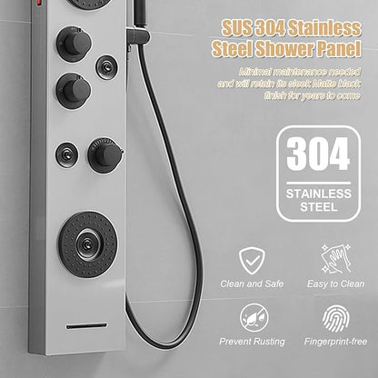6 in 1 Shower Panel Tower System, Rainfall Shower Tower Systems w/LED and Digital Display Stainless Steel Shower Panels with Waterfall Tub Spout Massage Jets Handheld Head Nickel and Black