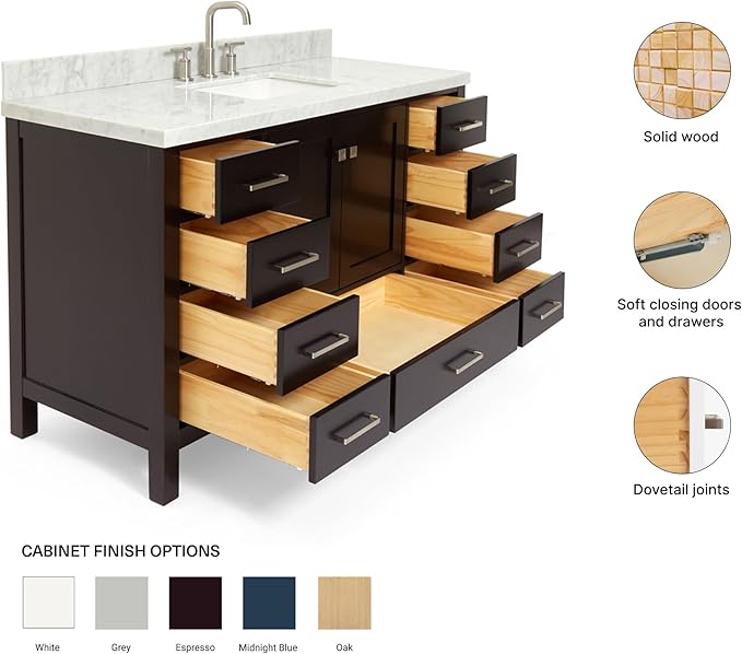 ARIEL Cambridge 54-inch Bathroom Vanity with Sink,Solid Wood, 1.5-inch Italian Carrara Marble Countertop, Single Rectangular Porcelain Sink, 2 Soft Closing Doors, 9 Dovetail Drawers, Espresso