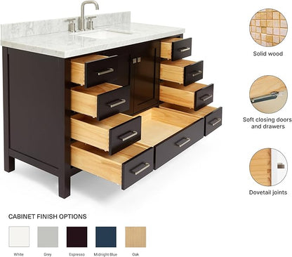 ARIEL Cambridge 54-inch Bathroom Vanity with Sink,Solid Wood, 1.5-inch Italian Carrara Marble Countertop, Single Rectangular Porcelain Sink, 2 Soft Closing Doors, 9 Dovetail Drawers, Espresso