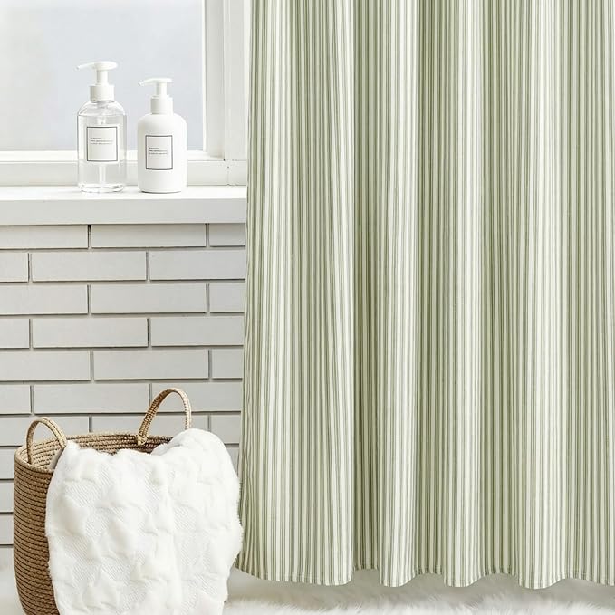 Stripe Cotton Toile Shower Curtain Ticking Stripe Woven Print Curtain Bathroom Decor for Traditional and Contemporary Style Kitchen Bath Home(Green and White,72 x 72 Inches)
