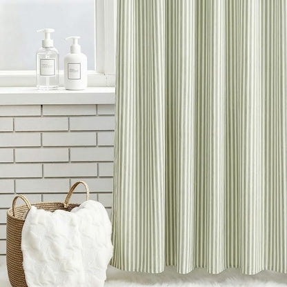 Stripe Cotton Toile Shower Curtain Ticking Stripe Woven Print Curtain Bathroom Decor for Traditional and Contemporary Style Kitchen Bath Home(Green and White,72 x 72 Inches)