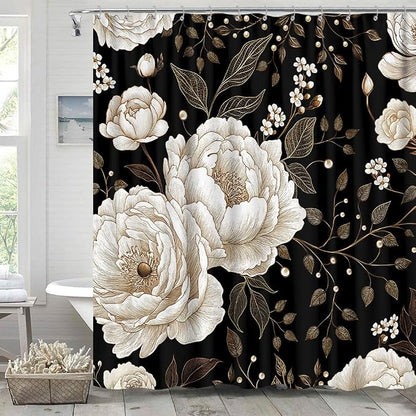 Black and Gold Shower Curtain, Dark Roses Leaves Botanical Aesthetic Boho Floral Shower Curtain for Bathroom with Hook, Vintage Rose Gold Flowers Fabric Unique Chic Shower Curtain Set with Hooks 72X72