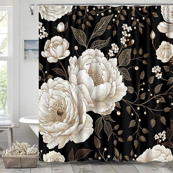 Black and Gold Shower Curtain, Dark Roses Leaves Botanical Aesthetic Boho Floral Shower Curtain for Bathroom with Hook, Vintage Rose Gold Flowers Fabric Unique Chic Shower Curtain Set with Hooks 72X84