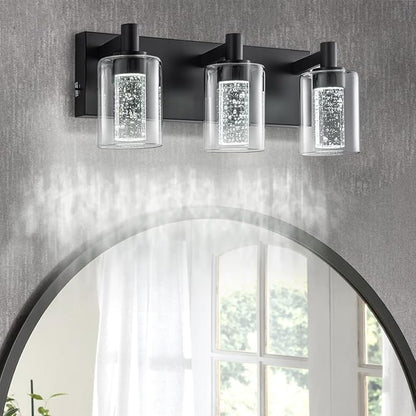 SineRise Vanity Light with 3 Color Modes (3000K/4000K/6000K), Eye Protection LED Bathroom Light Fixture, Dimmable Modern Wall Light Over Mirror with Clear Glass Shade (Black, 3-Light)