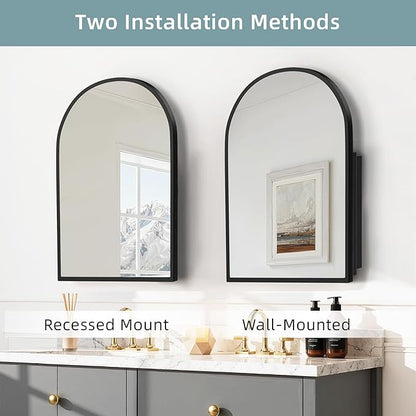 Casaphoria 39" H x 30" W Arched Bathroom Medicine Cabinet with Mirror, Metal Frame Wall Medicine Cabinets Mirrors, Wall Mirror Cabinet, Black A