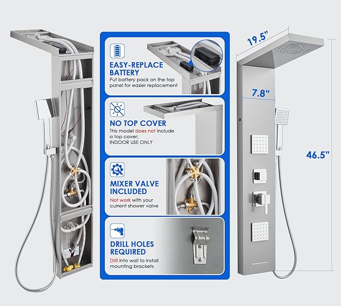 ROVOGO Shower Panel Tower System with Led Lights, 2-Setting Shower Head, Body Jets, Handheld and Tub Spout, Stainless Steel Shower Column with Mixer Valve, 46.5", Brushed
