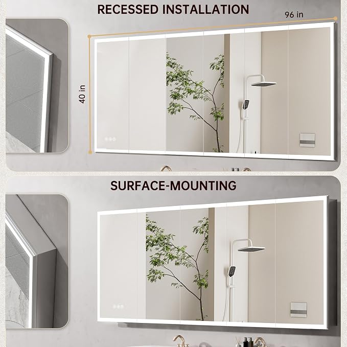 96"x40" LED Lighted Medicine Cabinet Mirror with Electrical Outlet & USB, Anti-Fog, 3 Color Temperature Stepless Dimmable, Aluminum Cabinet for Bathroom Storage and Modern Decor