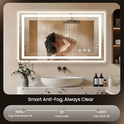 48x32 LED Bathroom Mirror with Anti-Fog, Backlit & Front Lit, Memory | Stepless Dimmable 3 Color CRI 95+ Shatterproof Tempered Glass ETL Listed for Safety Lighted Bathroom Vanity Mirror for Wall