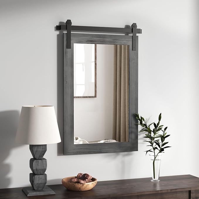 COGOOD Farmhouse Bathroom Mirrors for Over Sink - 30 x 22 Grey | Rustic Barn Door Wood Framed Vanity Mirror for Entryway, Living Room, Bedroom, Dresser Wall Decor