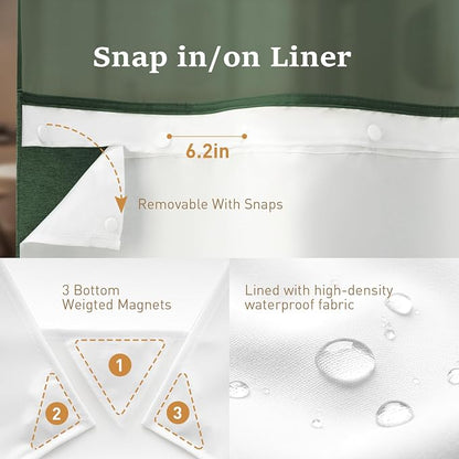 Emerald Green Ringless Linen Look Shower Curtain with Snap Liner 72x75 | 3 in 1 Modern Shower Curtain Set, Removable Liner, Waterproof & Washable, Mesh Top Window, Durable Fabric, Easy to Install