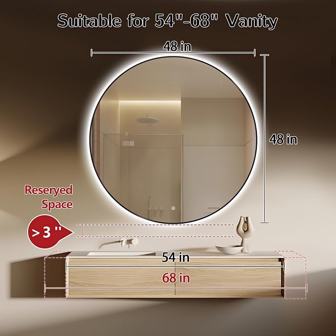 Niccy Round LED Bathroom Mirrors, Black Framed Backlit Vanity Mirror, 48" | LED Smart Circle Mirror with 3 Color Lighting, Anti-Fog Lighted, IP65 Waterproof, Wall Mounted Bathroom Vanity
