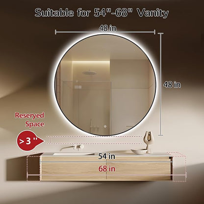 Niccy Round LED Bathroom Mirrors, Black Framed Backlit Vanity Mirror, 48" | LED Smart Circle Mirror with 3 Color Lighting, Anti-Fog Lighted, IP65 Waterproof, Wall Mounted Bathroom Vanity