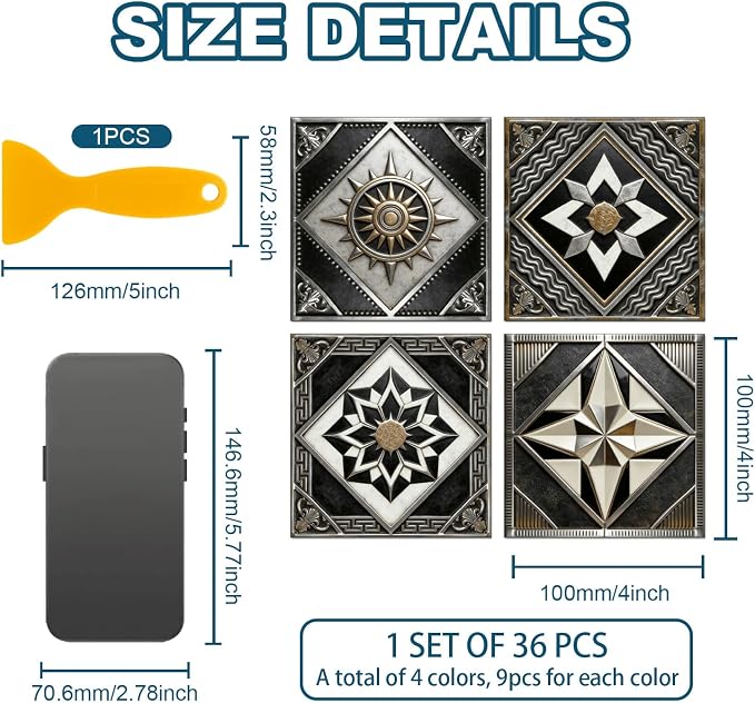 36pcs 4 Styles Retro Pattern Tile Stickers Black and Brown Geometric Patterns Waterproof PVC Tile Decals for Kitchen Bathroom 4x4 inch