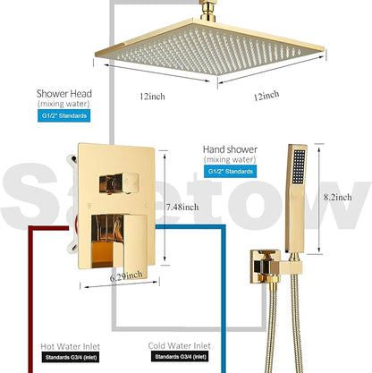 Polished Gold Shower System 12 Inch LED Square Rainfall Shower Head Ceiling Mount Shower Faucet Set with Hand Sprayer Rough-in Valve Trim Kit Bathroom Mixer Shower Combo Set