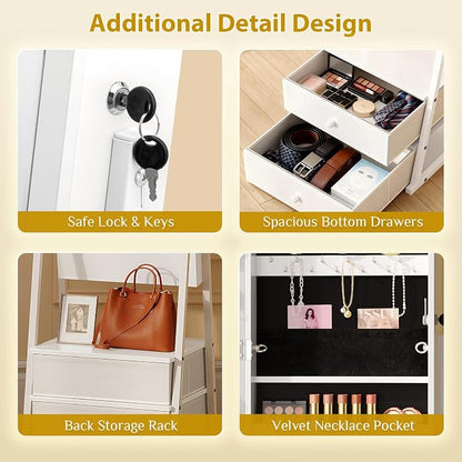 Bonnlo LED Jewelry Cabinet Armoire, Lockable Standing Mirror with Jewelry Storage, Full Length Mirror with 2 Drawers, Large Capacity Jewelry Organizer for Women, Gift Idea, White
