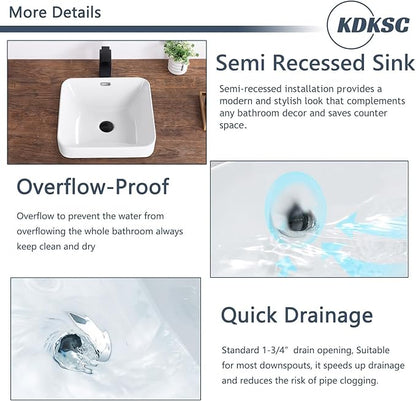Bathroom Vessel Sink 16.6" X 16.6" Semi Recessed Bathroom Sink Square Drop In Bathroom Sinks with Overflow White Ceramic Vessel Sinks for Bathroom Modern Above Counter Basin Vanity Sink