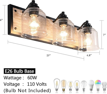 Vanity Lights for Bathroom Large 23", Farmhouse Rustic Vanity Light with Bubble Glass Shades, Gray 3 Light Bathroom Lighting Fixtures Over Mirror, Bath Wall Sconce Home Decor