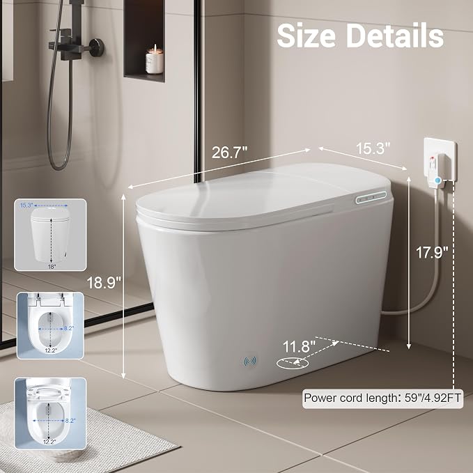 Smart Toilet with Bidet Elongated Heated Seat Dual Flush/Seat & Lid | Foot Sensor Electric Modern One Piece Toilet with Warm Water Wash&Air Dry LED Display Siphon Flush 1.28 GPF MAP 1000g