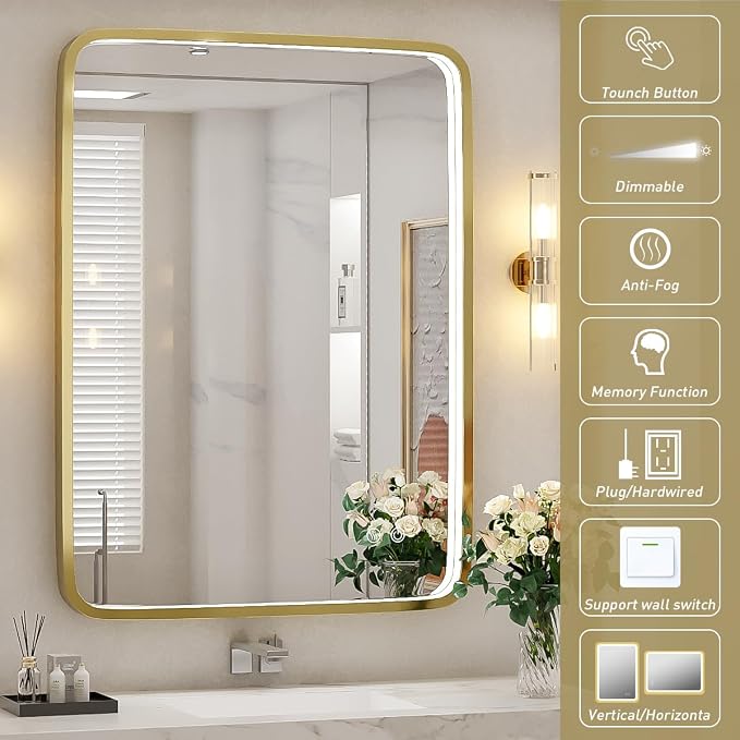28x36 Inch LED Gold Frame Lighted Bathroom Mirror,3-Color | ETL Listed,Anti-Fog,3000K/4500K/6000K Dimmable,Horizontal & Vertical,Wall Mounted,Memory Function