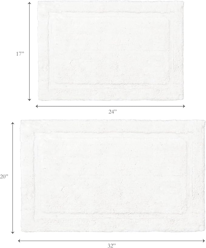 Jean Pierre New York Lydia Border 100% Cotton Bath Mat 2-Piece Set - Non-Slip Bath Rug - White - 17"x24" & 20" x 32"