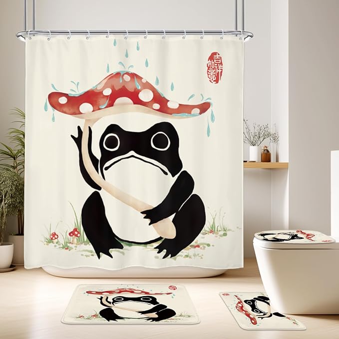 4PCS Funny Frog 71Wx71H Inches Mushroom Asian Grassland Japanese Shower Curtain Sets with Rugs, Toilet Lid Cover and Bath Mat, Traditional Bath Accessories Art Home Decor Fabric 12 Pack Hooks