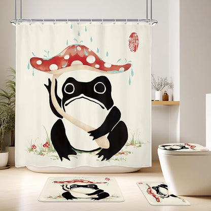 4PCS Funny Frog 71Wx71H Inches Mushroom Asian Grassland Japanese Shower Curtain Sets with Rugs, Toilet Lid Cover and Bath Mat, Traditional Bath Accessories Art Home Decor Fabric 12 Pack Hooks