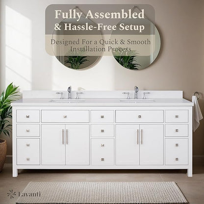 Lavanti Oakford 84 Inch Bathroom Vanity with Sink – Stylish White Vanity Bathroom with Storage Cabinet – Modern Bathroom Vanities with Double Vanity Sink & Quartz Countertop