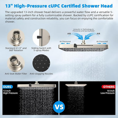 Hibbent 13'' 5-spray Rain Shower Head, 10-Spray Handheld, Brushed Nickel | cUPC Certified High Pressure Dual Showerhead Combo, Upgraded Rainfall Shower Head, 12'' Extension Arm, 71'' Hose & Holder