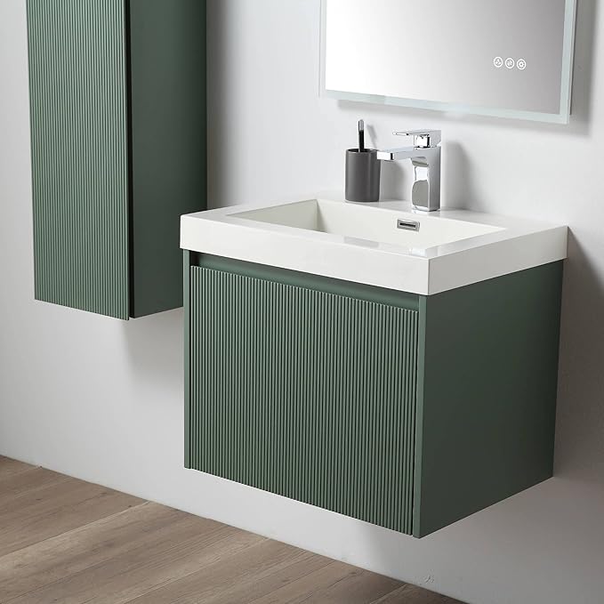Blossom 24 Inch Bathroom Vanity with Sink | All Wood Wall Mounted Floating Bathroom Vanity Cabinet | Soft-Close Drawer | Modern Minimalist Style Vanities (24" w/Acrylic Sink, Aventurine Green)