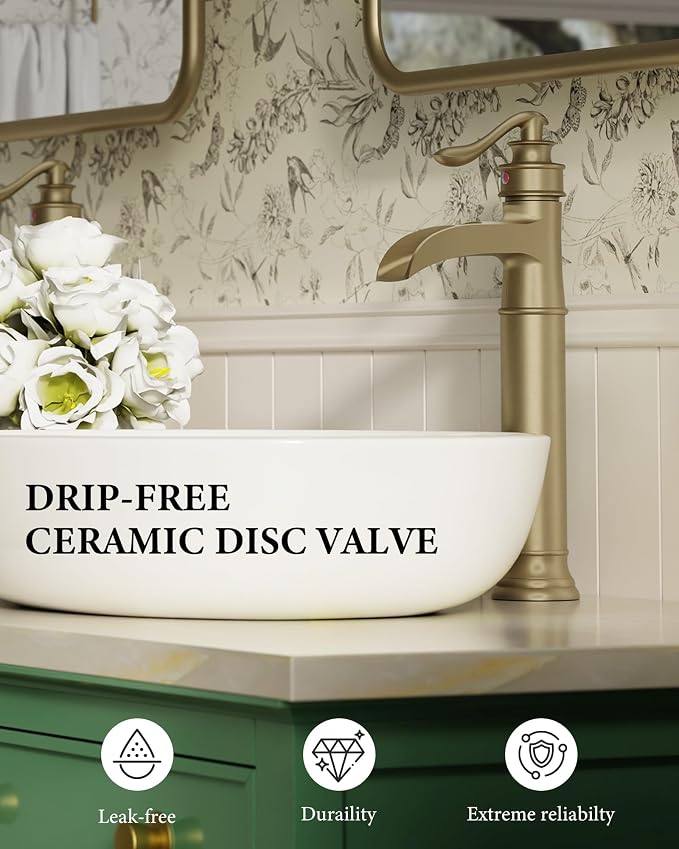 Homevacious Vessel Sink Faucet Brushed Gold Waterfall Tall Bathroom Faucet | Single Handle 1 Hole Bowl Sink Faucet with Pop Up Drain Assembly and Water Supply Hose Commercial Lavatory Mixer Tap