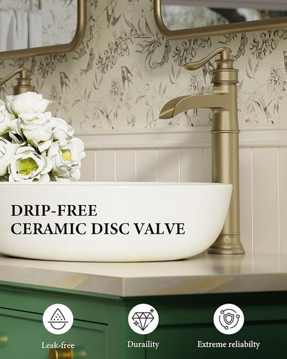 Homevacious Vessel Sink Faucet Brushed Gold Waterfall Tall Bathroom Faucet | Single Handle 1 Hole Bowl Sink Faucet with Pop Up Drain Assembly and Water Supply Hose Commercial Lavatory Mixer Tap