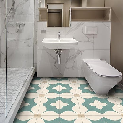 Teal Beige Geometric Peel and Stick Floor Tiles 12x12 Inch 10PCS | Teal beige cream minimalist geometric flower pattern vinyl floor stickers for kitchen bathroom entryway and indoor home decor