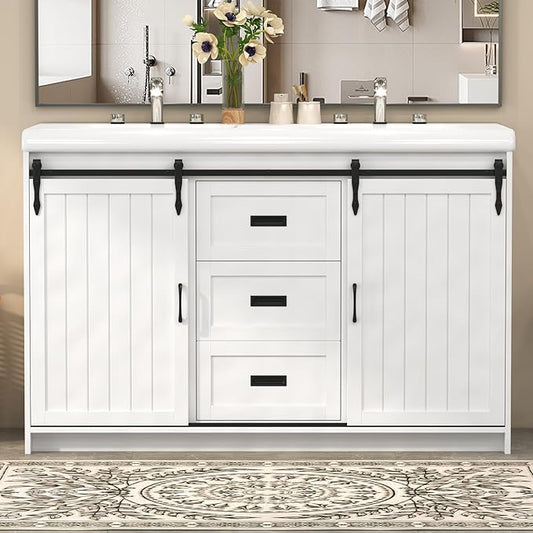 48" White Farmhouse Bathroom Vanity Double Sink, Freestanding Storage Vanity with 2 Barn Sliding Doors, 2 Drawers & 4 Shelves (Actual 47.3" L x 19.7" W x 35.5" H)