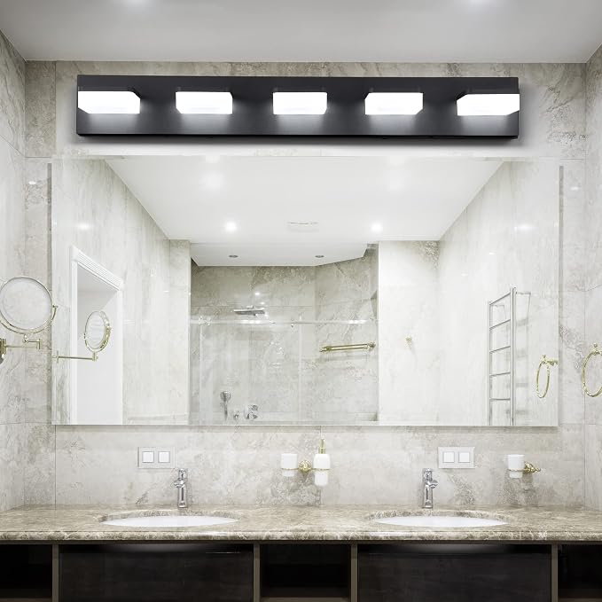 3 Colors Dimmable Black Vanity Light, LED Bathroom Light Fixtures over Mirror, Acrylic Stainless Steel Vanity Lighting Fixtures, 5 Light Bathroom Vanity Light,Adjustable 3000K/4000K/6000K,360° Rotate
