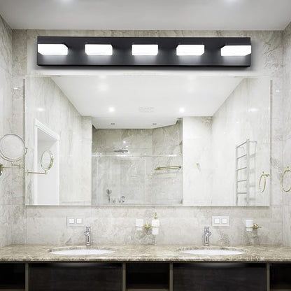 3 Colors Dimmable Black Vanity Light, LED Bathroom Light Fixtures over Mirror, Acrylic Stainless Steel Vanity Lighting Fixtures, 5 Light Bathroom Vanity Light,Adjustable 3000K/4000K/6000K,360° Rotate