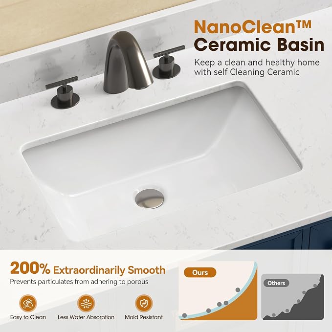 48 Inch Bathroom Vanity with Sink, Fully Assembled, Navy Blue | Bathroom Sink Cabinet with Marble Countertop & Backsplash, Soft Closing 2 Doors & 3 Drawers, Adjustable Shelves