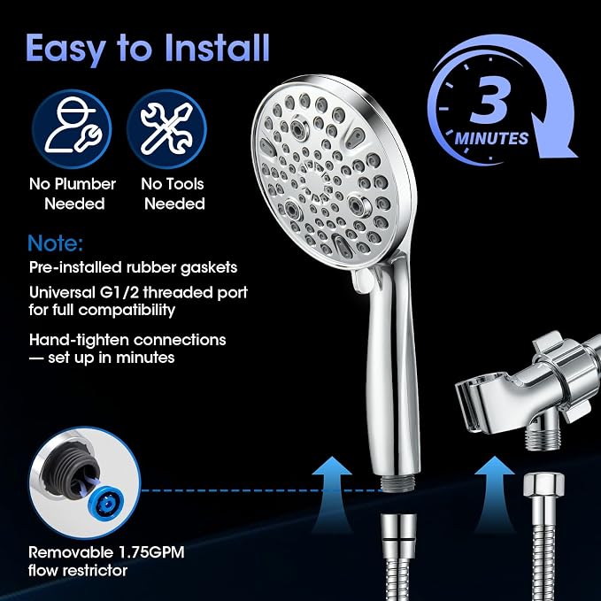 Shower Head with Handheld, High Pressure 10 Spray Modes, Chrome | Built-in Pause Function, Power Wash Mode, Anti-Clog Nozzles, 71 Inch Stainless Steel Hose, Adjustable Overhead Bracket