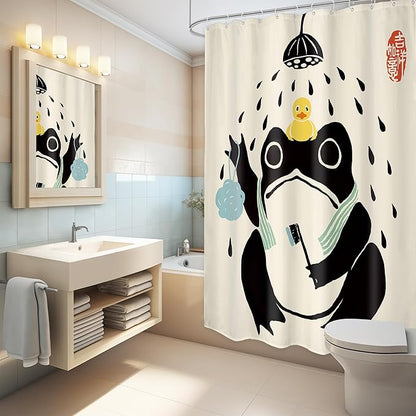 LGhtyro Funny Frog Shower Curtain Bathroom Set 54Wx78H Inches Retro Asian Traditional Cute Animal Japanese Style Black Beige Rubber Duck Bath Accessories Frog Art Home Decor Fabric 12 Pack Hooks