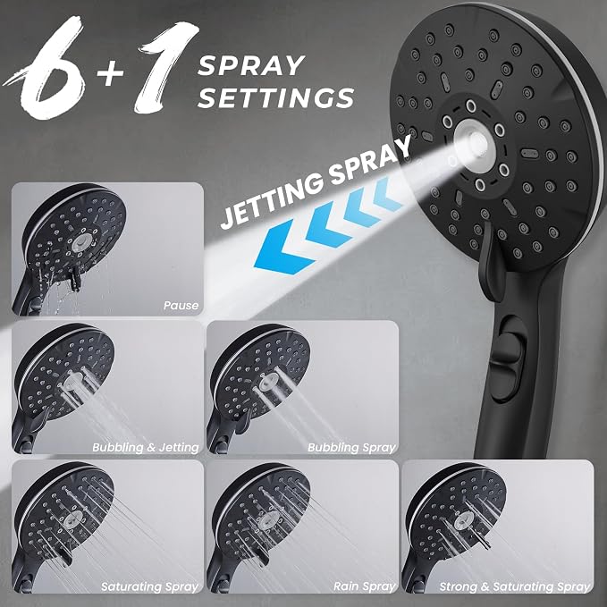 Dual Shower Head Combo, 8'' High Pressure Rain Shower Head with Handheld Spray, 6+1 Spray Settings Handheld Showerhead, Height Adjustable, One-touch Pause Button, Matte Black
