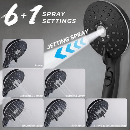 Dual Shower Head Combo, 8'' High Pressure Rain Shower Head with Handheld Spray, 6+1 Spray Settings Handheld Showerhead, Height Adjustable, One-touch Pause Button, Matte Black