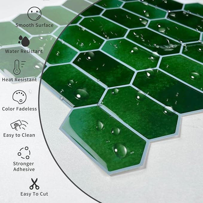 10-Sheet Long Hexagon Peel and Stick Kitchen Backsplash Tiles | 3D Waterproof Self-Adhesive Wall Tile Stick on Backsplash for Kitchen, Bathroom, Fireplace,RV(Emerald Green,12"×12")