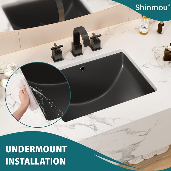Black Ceramic 18"x14" Undermount Bathroom Lavatory Sink | Rectangle under counter black bathroom vessel sink for bathroom with overflow